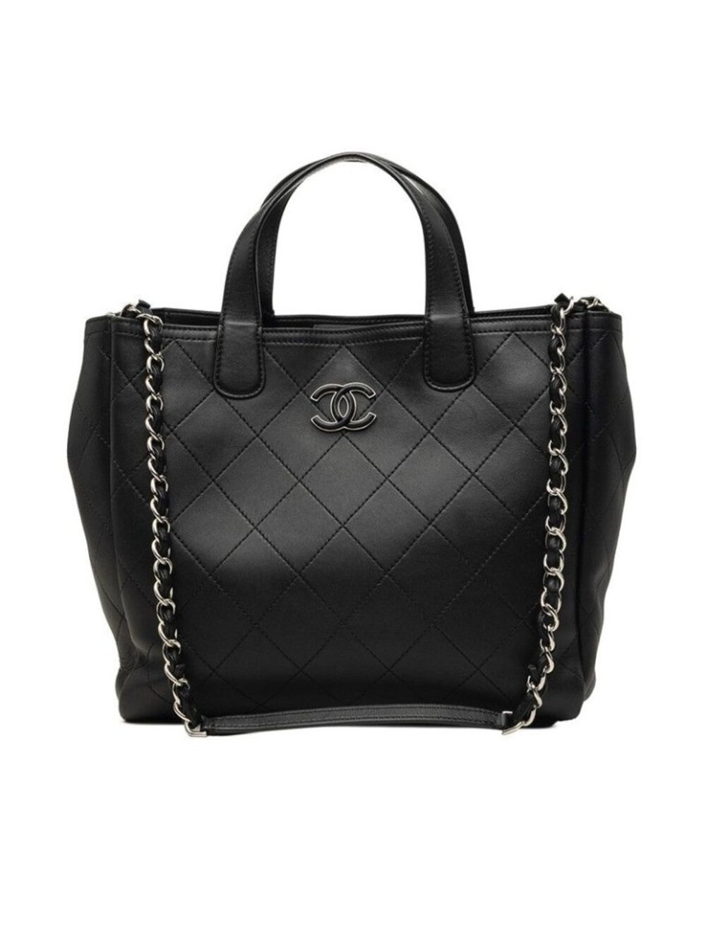 Chanel CC Logo Wild Stitch Tote Shoulder Bag 2-Way Black Silver Leather
